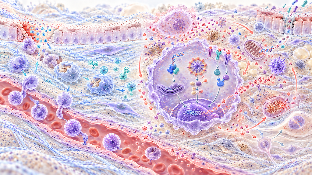 급성 염증 후 면역세포가 손상 세포와 잔해를 제거하여 조직이 회복되는 과정과, 노화세포·손상 미토콘드리아·mtDNA 및 장 장벽 변화가 면역 신호를 지속적으로 자극하는 모습을 표현한 일러스트레이션