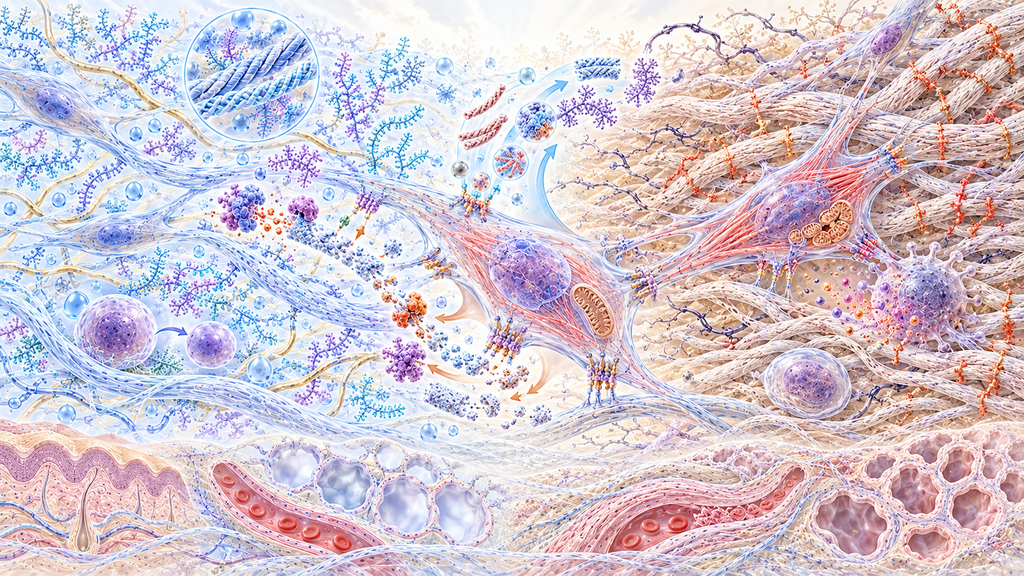 수분을 머금은 콜라겐·엘라스틴·프로테오글리칸 기질이 노화에 따라 당화와 교차결합, 탄성 저하와 섬유화를 겪고 섬유아세포·줄기세포·미토콘드리아 기능에 영향을 주는 모습을 표현한 일러스트레이션