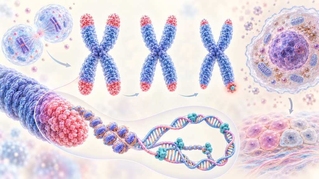 분홍색 텔로미어가 점차 짧아지는 세 염색체와 말단 DNA 고리·보호 단백질, 세포 노화와 조직 변화를 표현한 파스텔톤 일러스트레이션