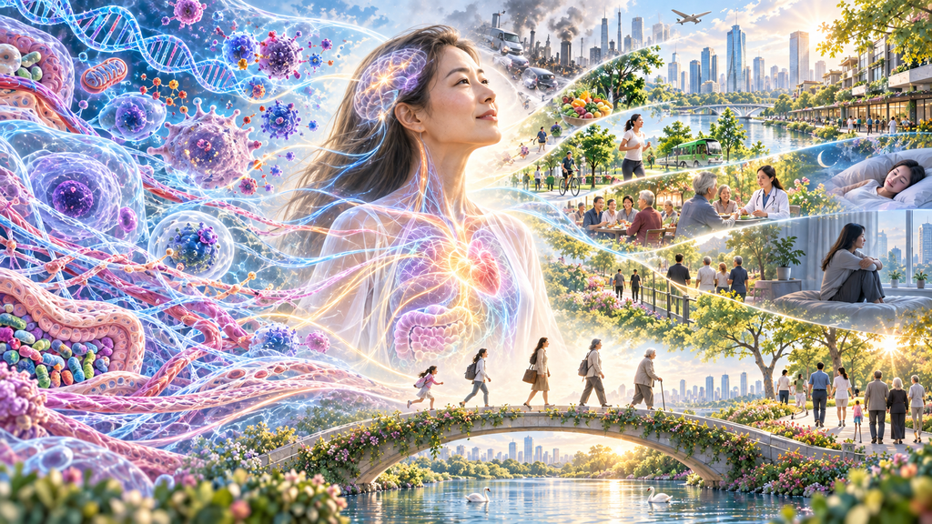 기존의 생물학적 Hallmarks를 넘어, 세포외기질(ECM)의 변화와 심리사회적 고립 및 정신질환이 하나의 노화 궤적 안에서 통합되는 모습을 표현한 일러스트레이션.