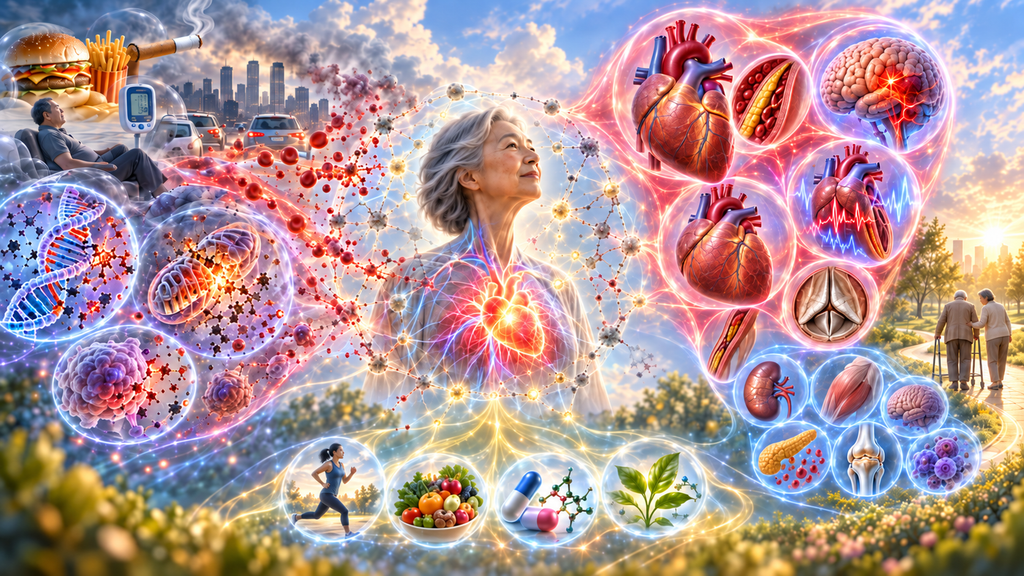 전통적 심혈관 위험요인과 노화 관련 분자 손상이 생물학적 회복력을 약화시키고, 그 결과 다양한 심혈관질환과 동반질환·노쇠로 이어질 수 있음을 노화과학 관점에서 표현한 일러스트레이션.